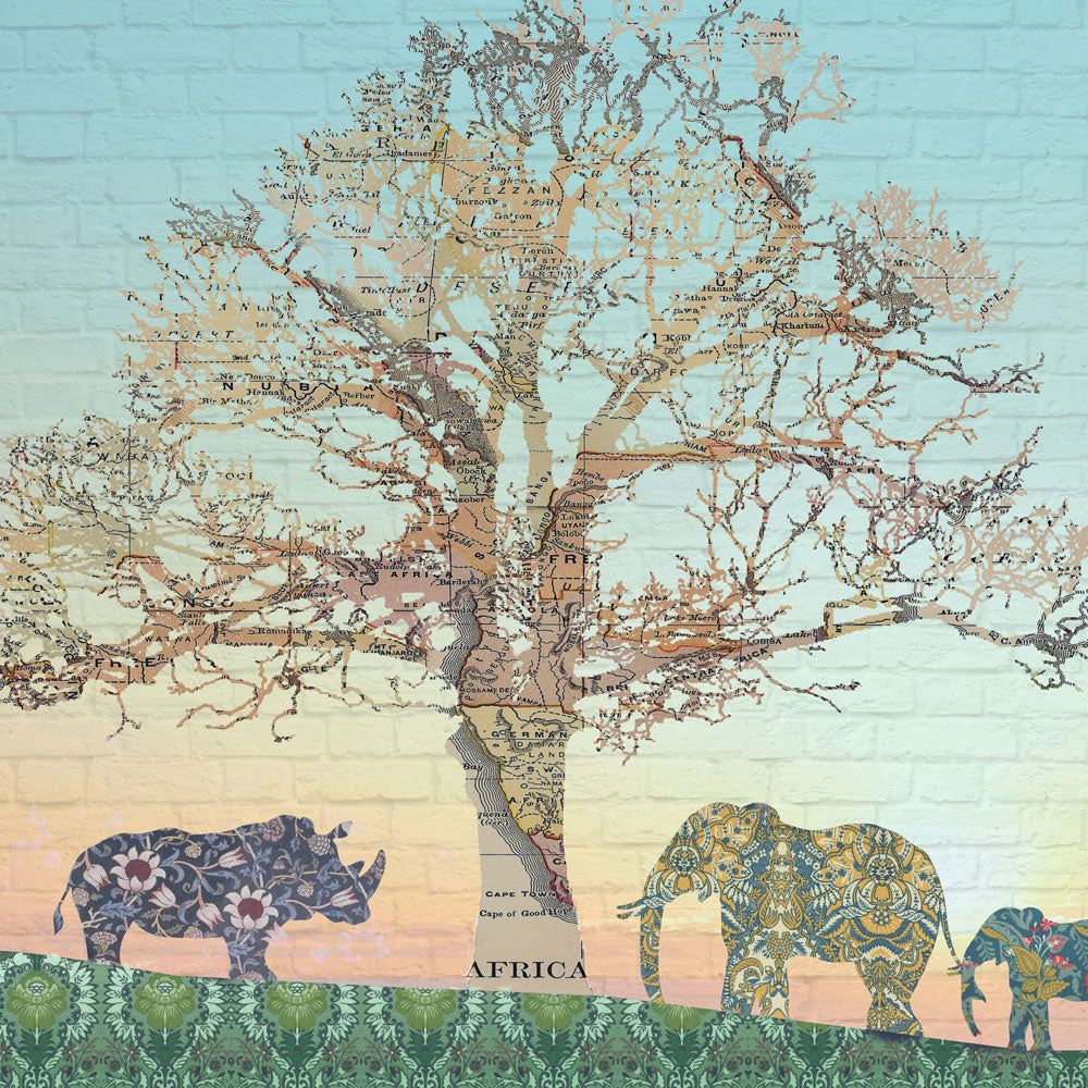 Safari Elephant Giraffe & Rhino Wall Mural by Back to the Wall