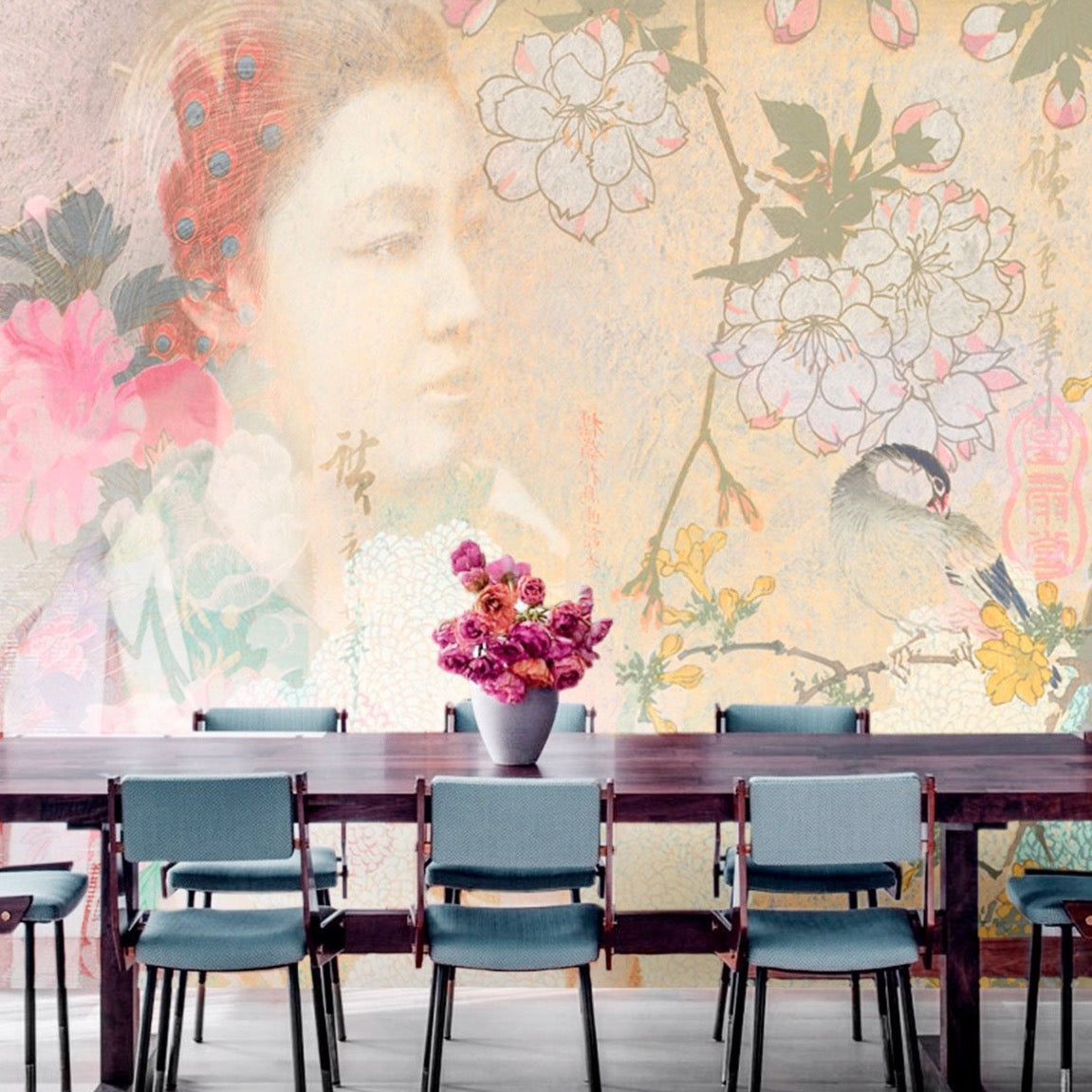 Serene Woman | Oriental Flowers Wall Mural by Back to the Wall