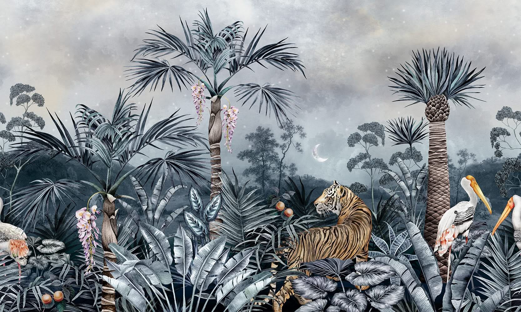 Caspian Jungle Midnight Living Room Wall Mural by Avalana