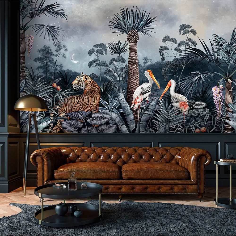 Caspian Jungle Midnight Living Room Wall Mural by Avalana