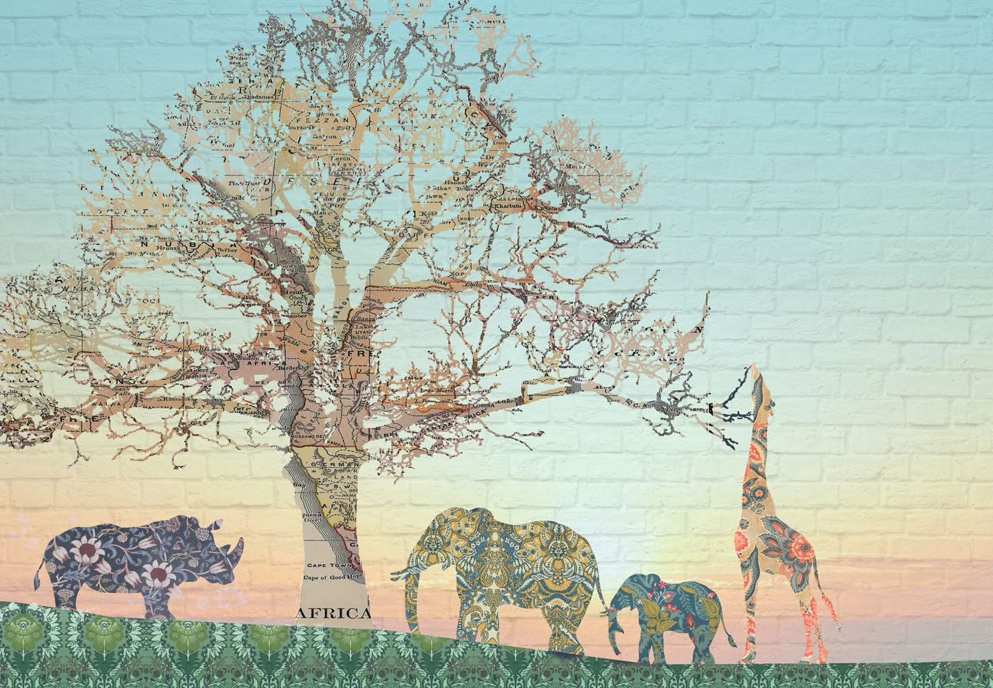 Safari Elephant Giraffe & Rhino Wall Mural by Back to the Wall