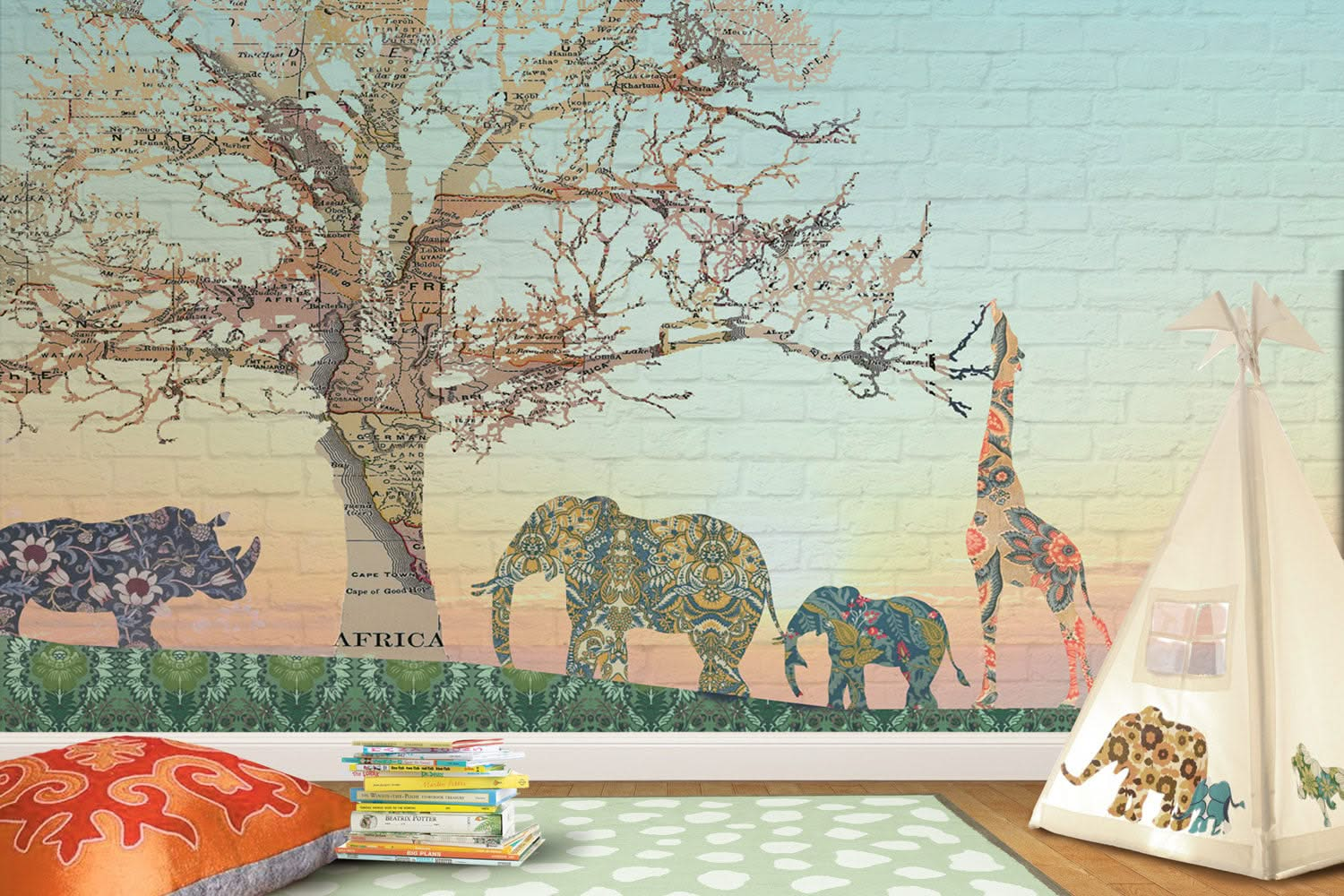 Safari Elephant Giraffe & Rhino Wall Mural by Back to the Wall