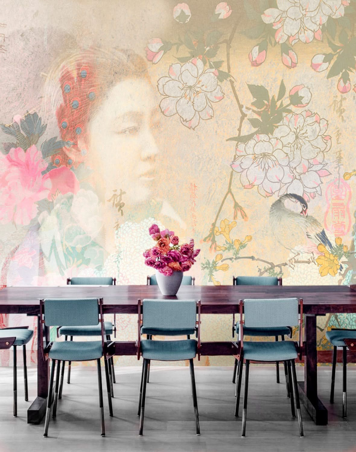 Serene Woman | Oriental Flowers Wall Mural by Back to the Wall